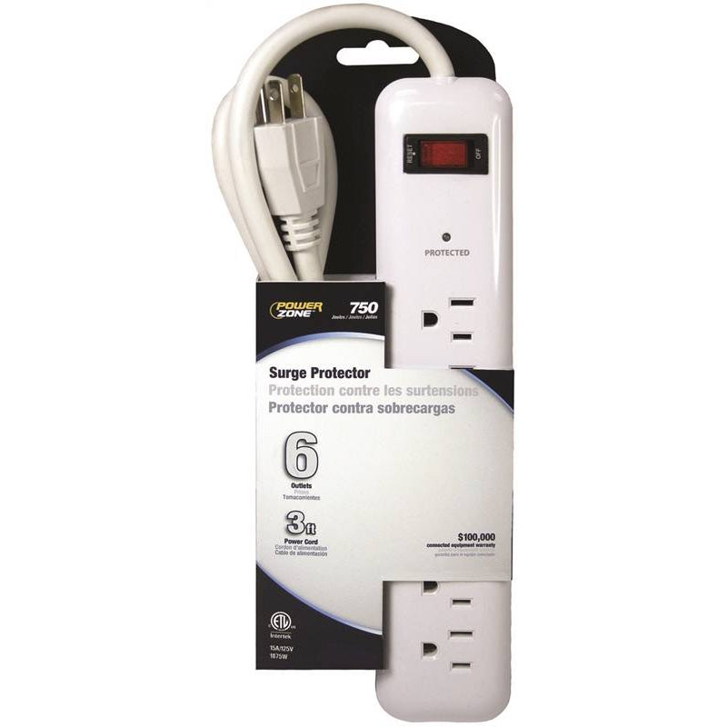 Power Zone Six Outlet Surge Protector 15A 750 Joules White