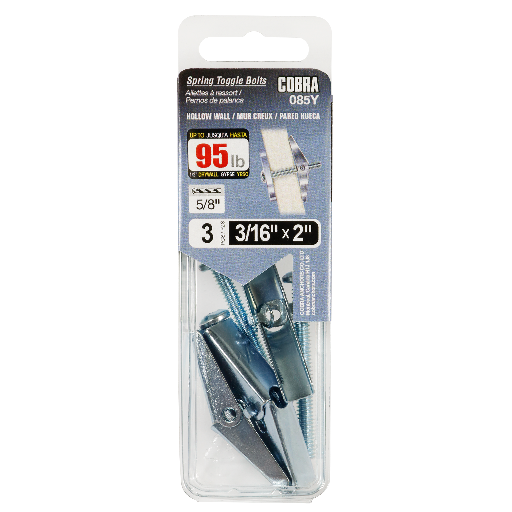 3/16"x2" Spring Toggle Bolts w/ Screw (3 Pack)