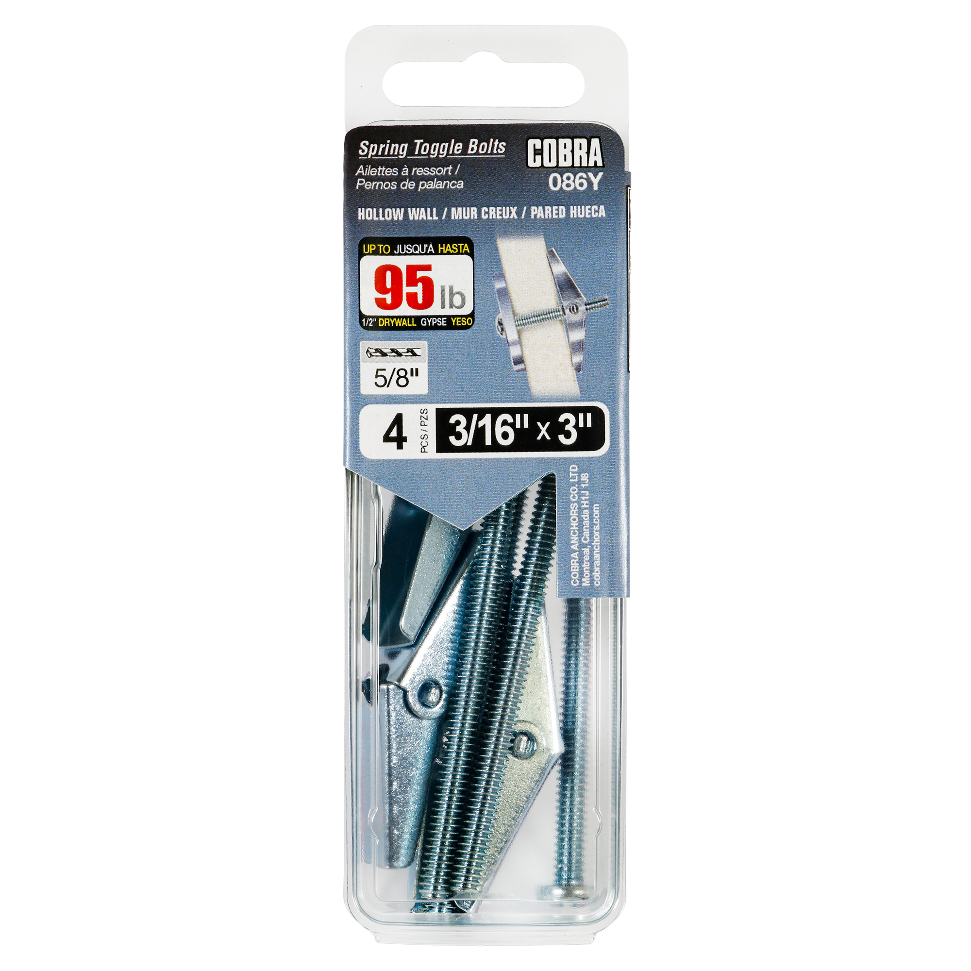 3/16"x3" Spring Toggle Bolts w/ Screw (4 Pack)