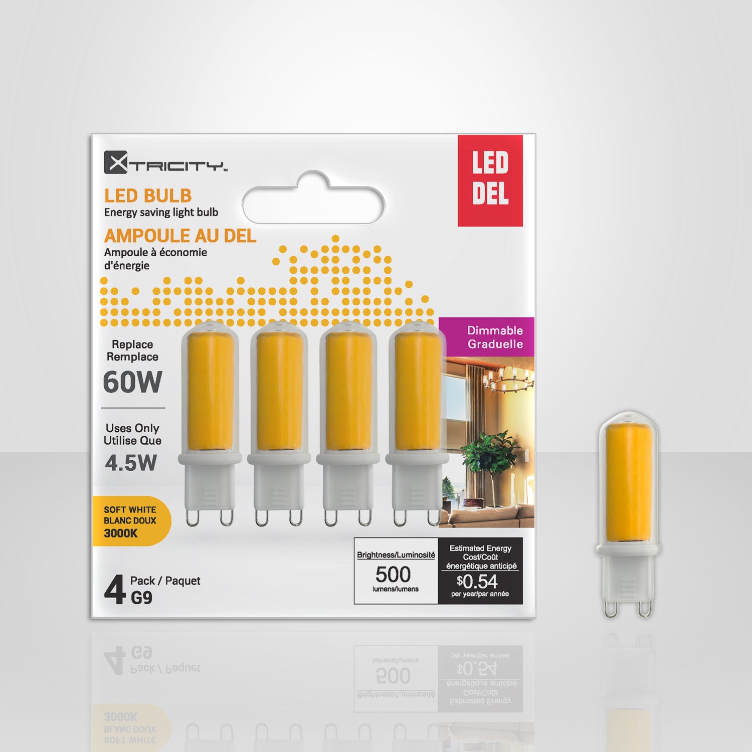 Dimmable LED Bulb G9 4.5W=60W, Soft White (4 Pack)