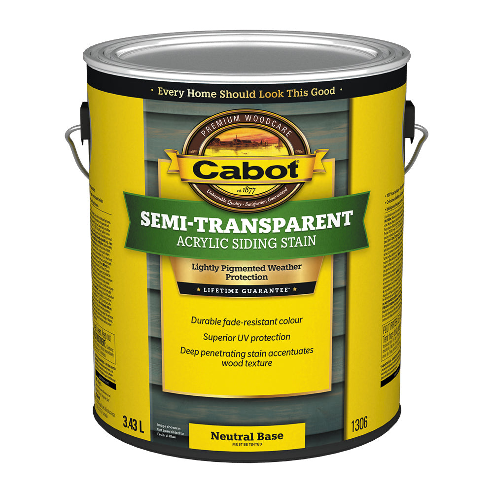 Image shows a 3.43L can of Cabot Semi-Transparent Acrylic Siding Stain in a yellow and green design. The label highlights lightly pigmented weather protection with superior UV defense, fade-resistant colour, and deep wood texture penetration. It is labeled "Neutral Base" and must be tinted.