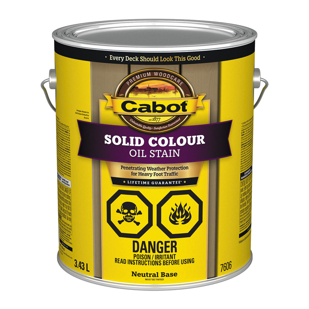 Image shows a 3.43L can of Cabot Solid Colour Oil Stain in Neutral Base. It emphasizes deep penetration and durability for weather and foot traffic, with strong warning labels for hazardous contents.