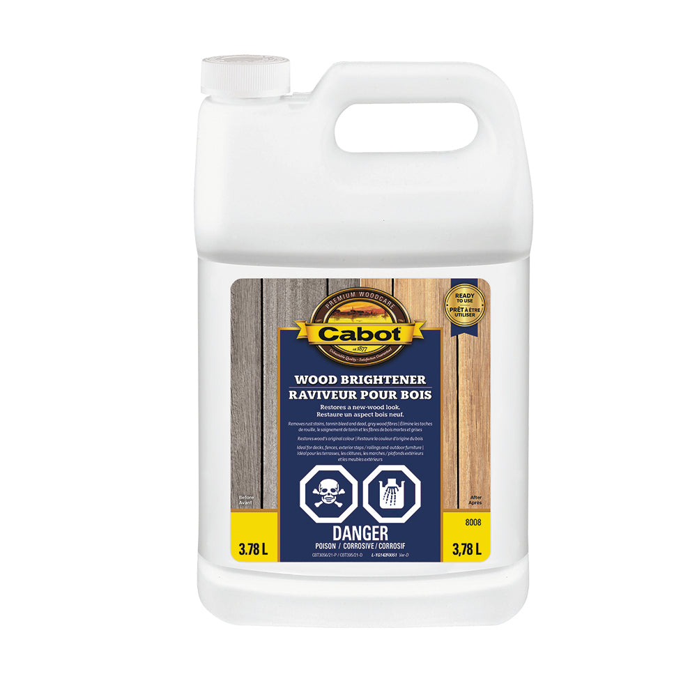Image shows a 3.78L plastic container of Cabot Wood Brightener. The label promotes restoration of wood appearance by removing dirt, rust stains, and tannin bleed. Includes warnings for corrosiveness and poisoning.
