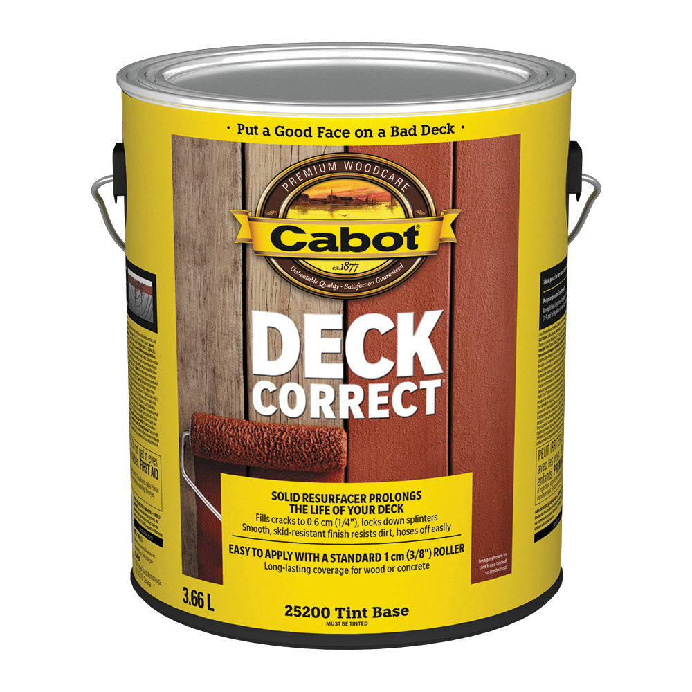 Image shows a 3.66L can of Cabot Deck Correct in a tint base. It features the slogan “Put a Good Face on a Bad Deck” and claims to fill cracks and resurface aged decks with a textured, skid-resistant finish.