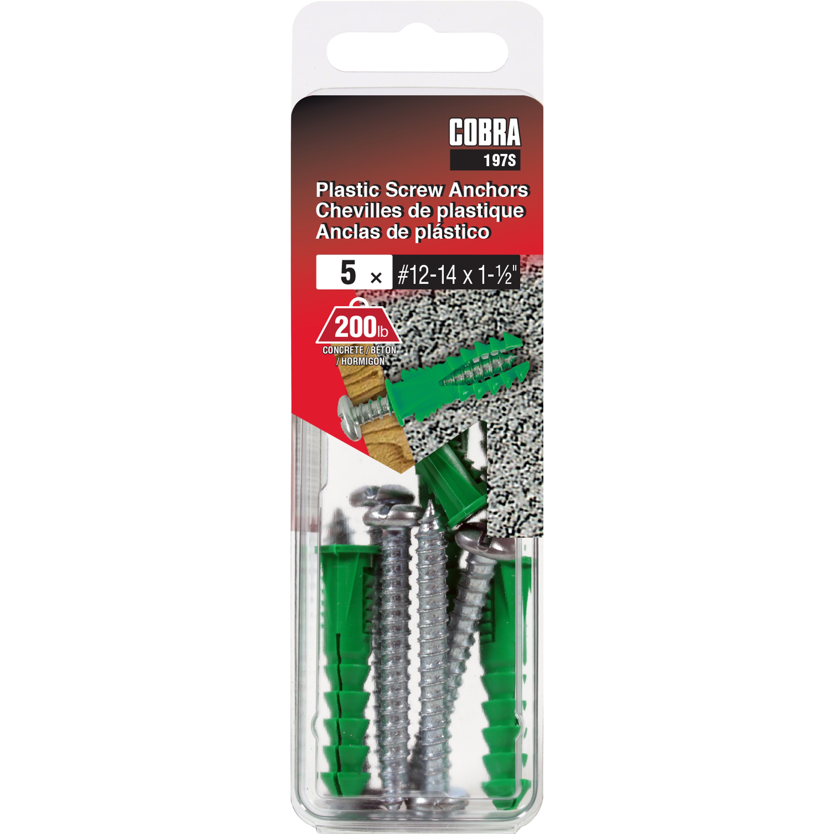 #12-14x1-1/2" Plastic Screw Anchor w/ Screws, Green (5 Pack)