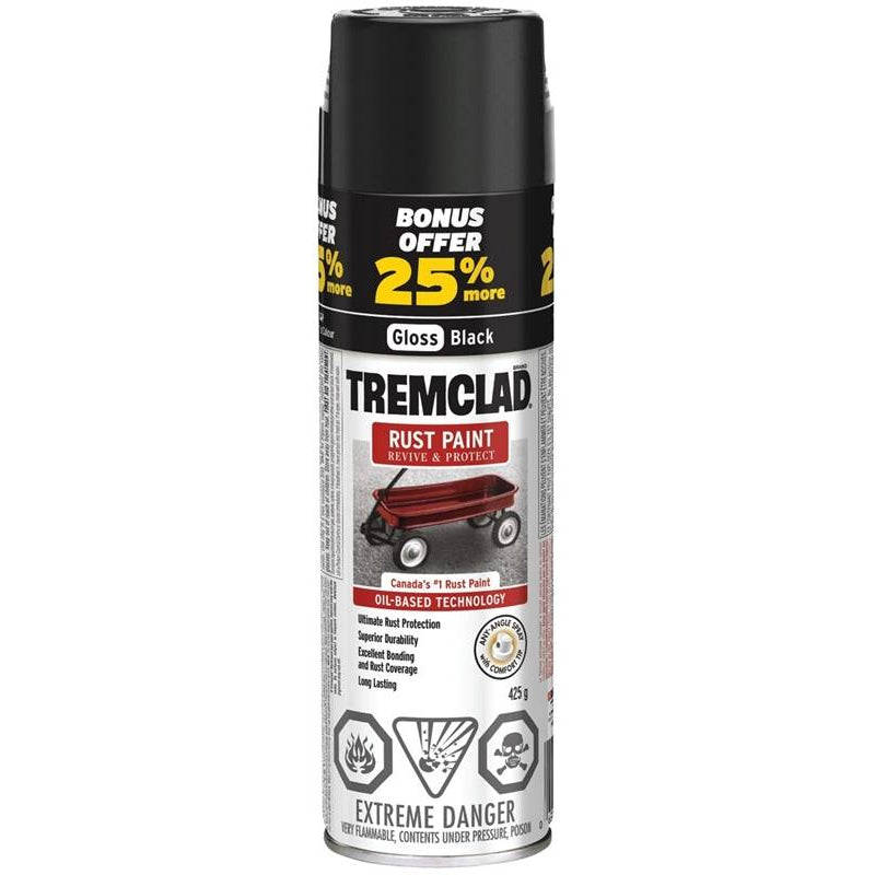 Tremclad® Oil-Based Rust Aerosol Spray Paint, 25% Bonus, Gloss Black, 425-g