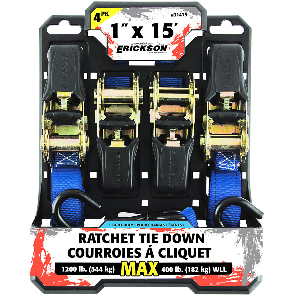 Ratchet Strap 1" x 15' 1200 lb. Tie-Down 4 Pack