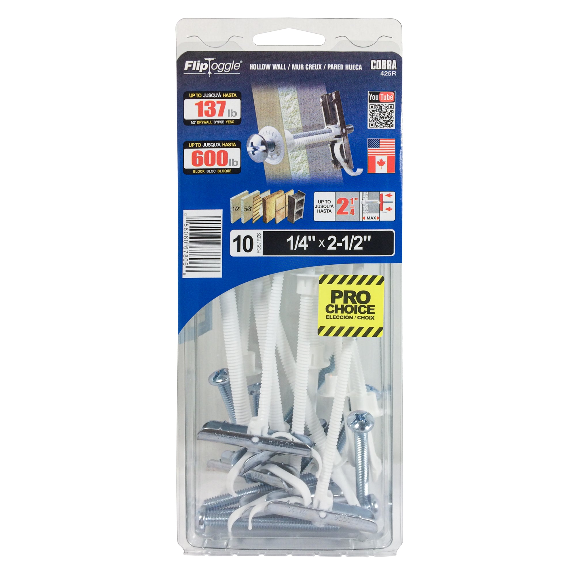 1/4"x2-1/2" Flip Toggle Wall Anchor w/ Bolts (10 Pack)