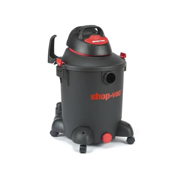 Side profile of a black and red shop-vac vacuum on a white background