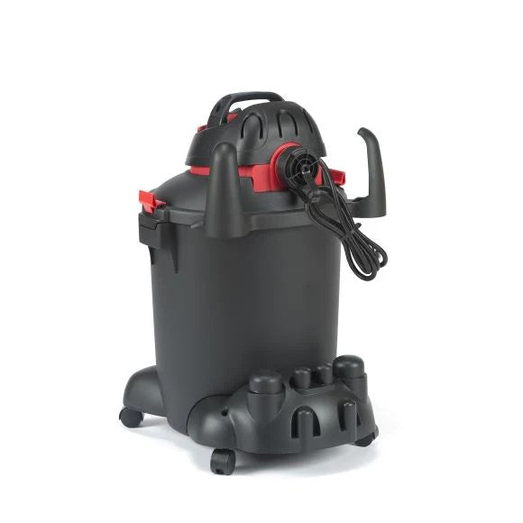 Rear profile of a black shop-vac vacuum showing attachment holder, exhaust fan and cord, on a white background