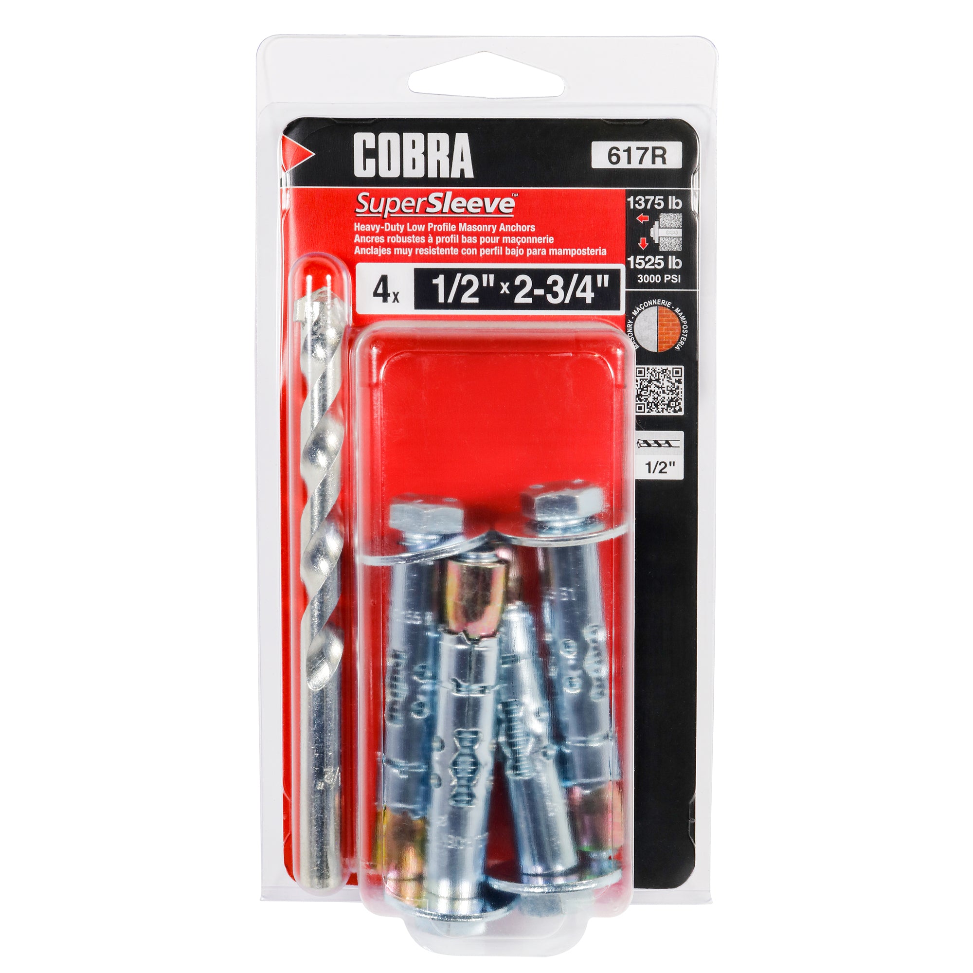 1/2"x2-3/4" SuperSleeve Masonry Anchor w/ Bit (4 Pack)