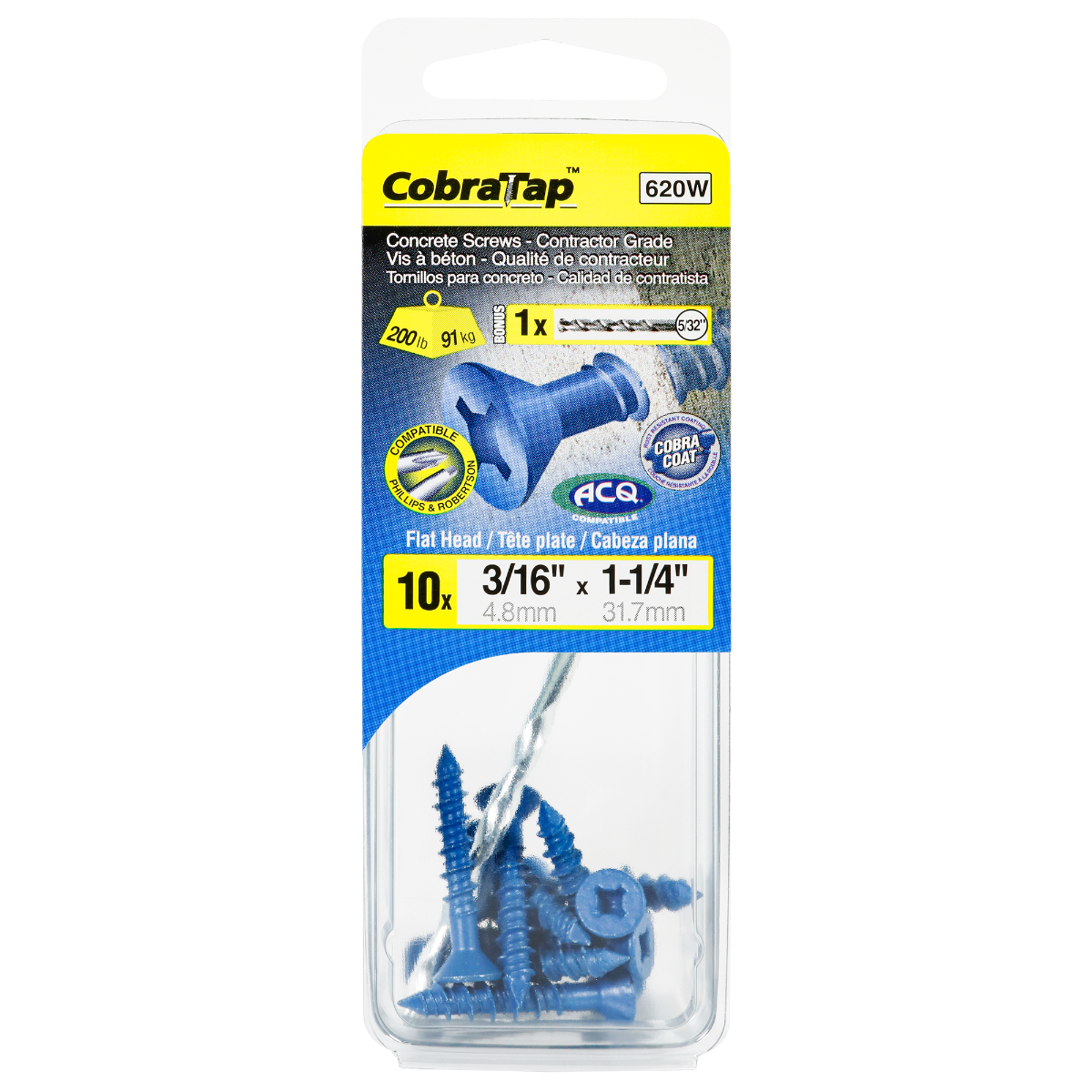 3/16"x1-1/4" Flat Head CobraTap Concrete Screw (10 Pack)