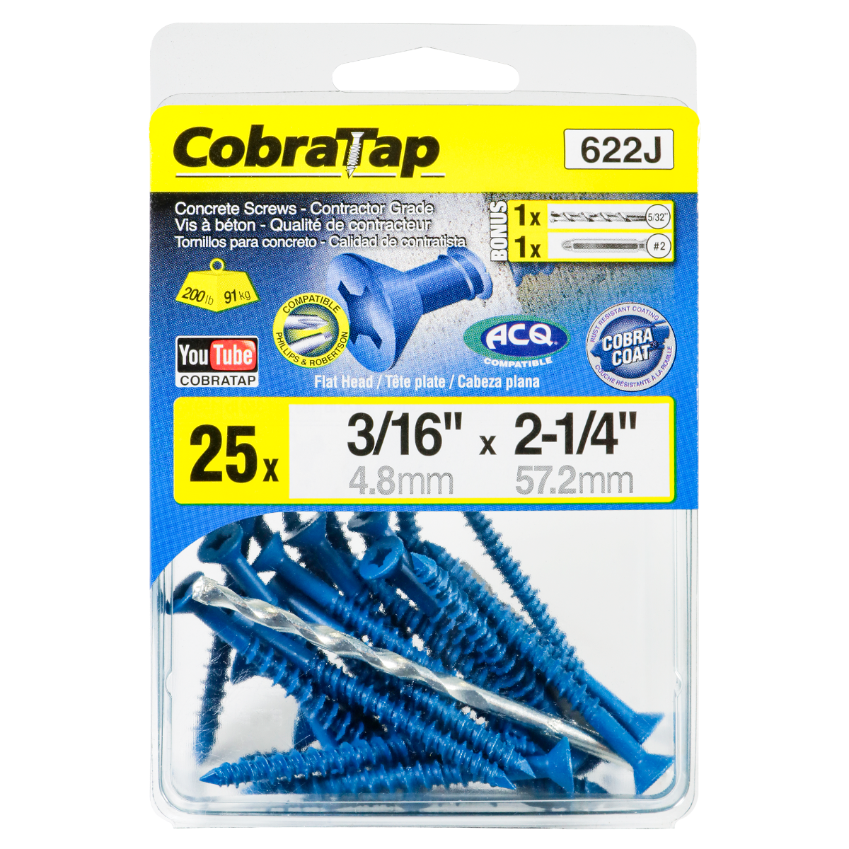 3/16"x2-1/4" Flat Head CobraTap Concrete Screws (25 Pack)