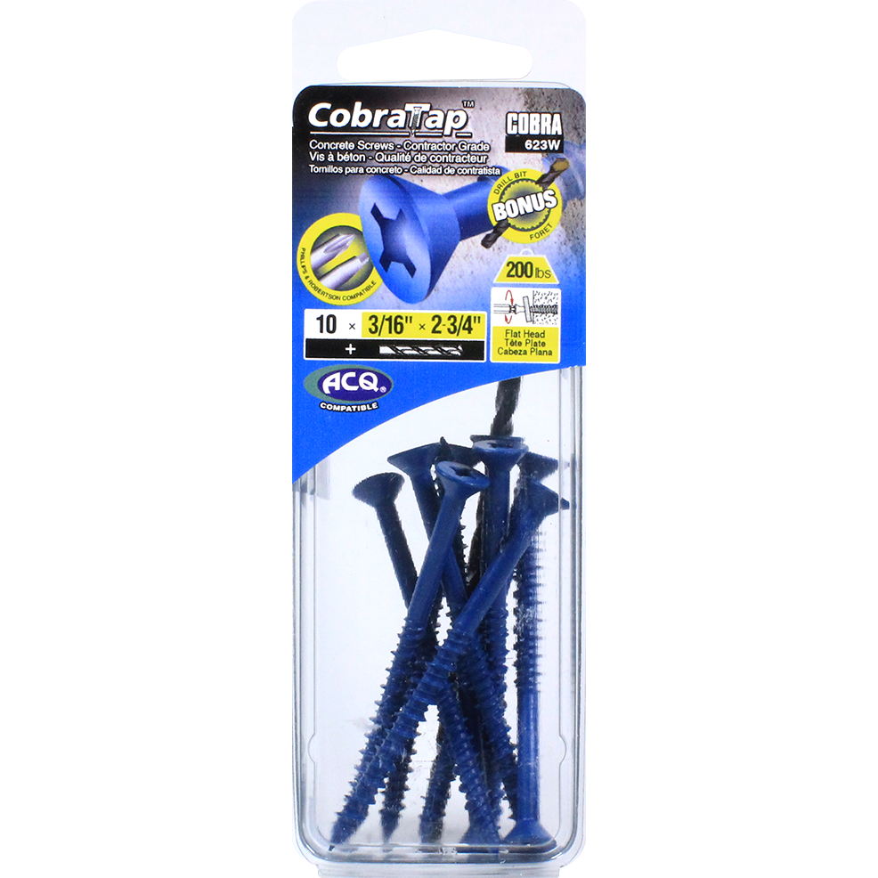 3/16"x2-3/4" Flat Head CobraTap Concrete Screws (10 Pack)