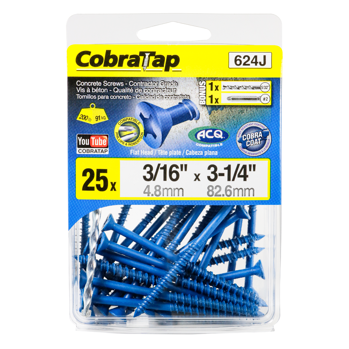3/16"x3-1/4" Flat Head CobraTap Concrete Screws (25 Pack)