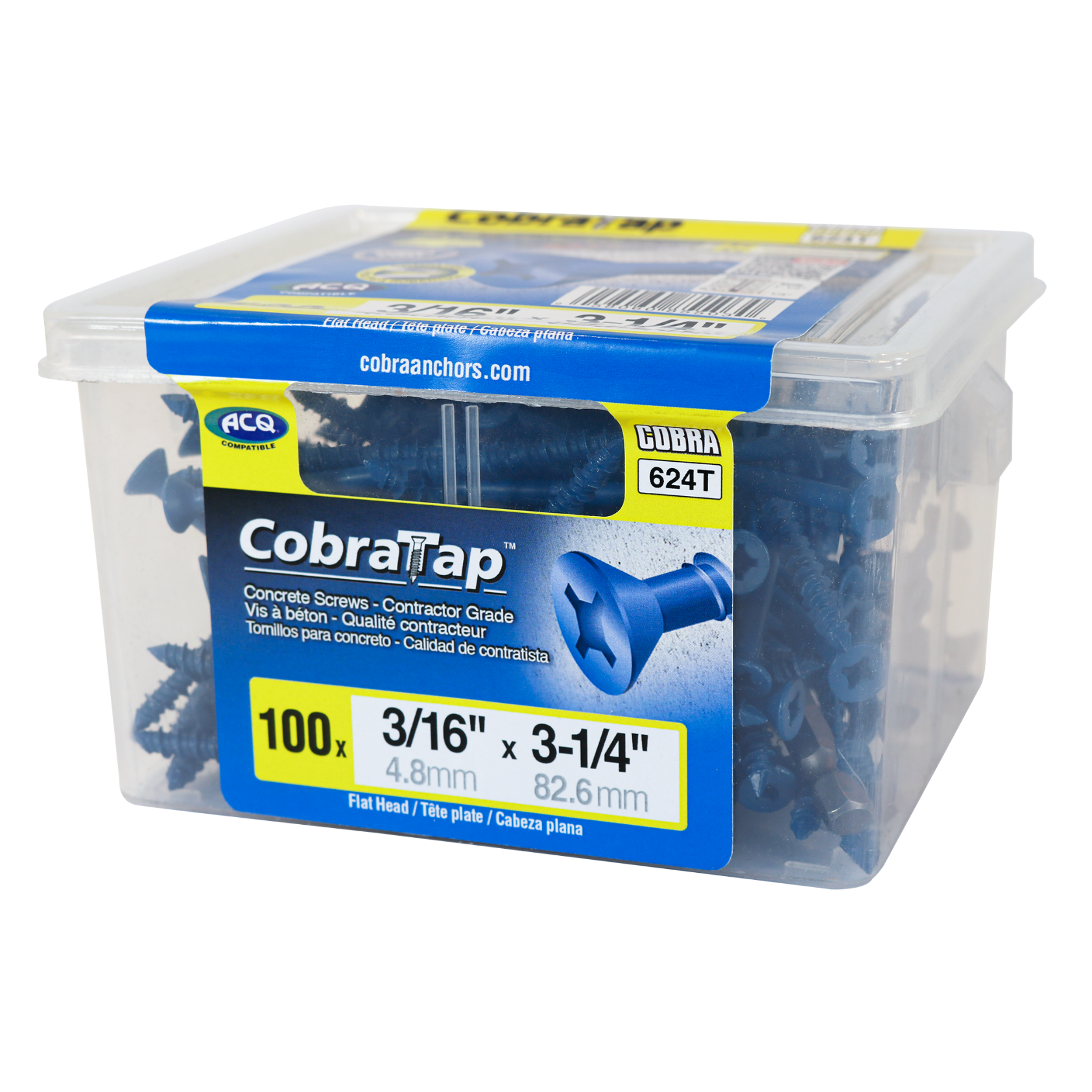 3/16"x3-1/4" Flat Head CobraTap Concrete Screws (100/Box)