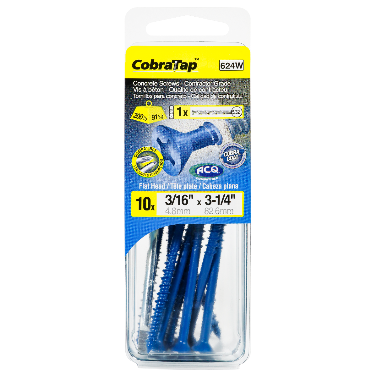 3/16"x3-1/4" Flat Head CobraTap Concrete Screws (10 Pack)