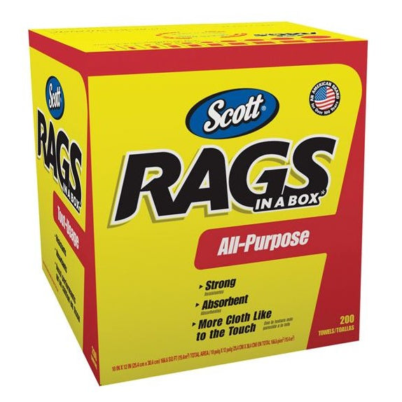 A box of Scott brand disposable cleaning rags in a yellow and red box with the product name 'Rags in a Box' and the label 'All-Purpose', indicating the product is for cleaning purposes.