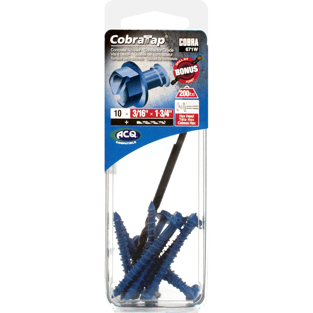 3/16"x1-3/4" Hex Head CobraTap Concrete Screws (10 Pack)