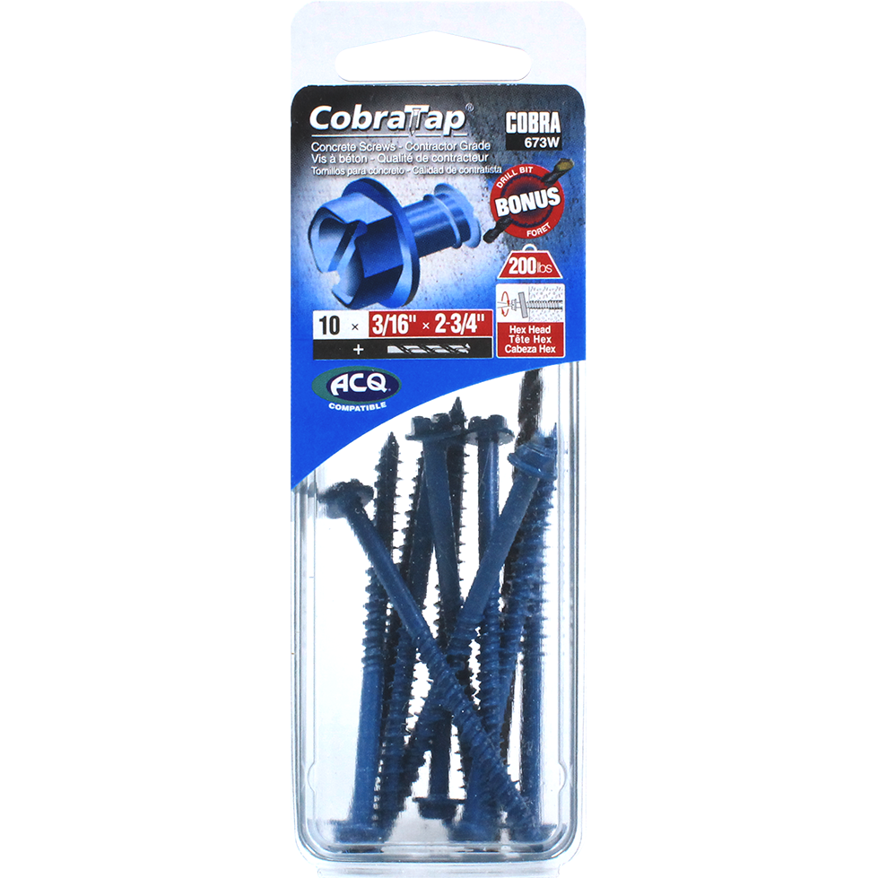 3/16"x2-3/4" Hex Head CobraTap Concrete Screws (10 Pack)