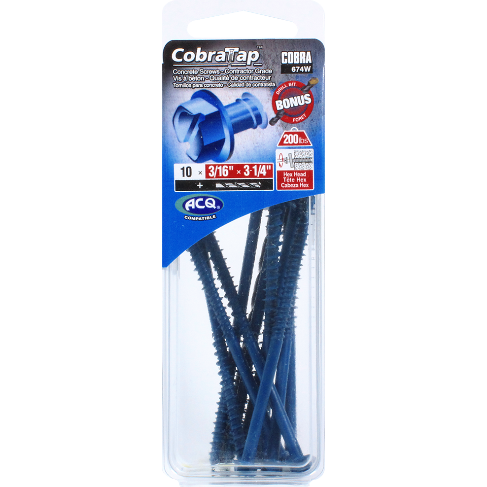 3/16"x3-1/4" Hex Head CobraTap Concrete Screws (10 Pack)