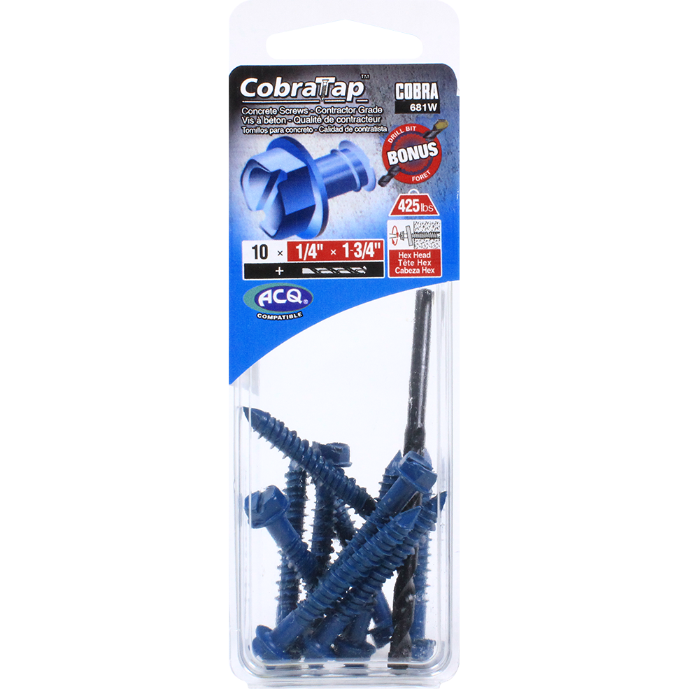 1/4"x1-3/4" Hex Head CobraTap Concrete Screws (10 Pack)