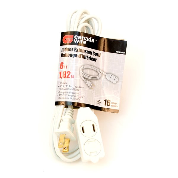 Indoor Light Duty Triple Outlet Extension Cord 6FT White 16/2