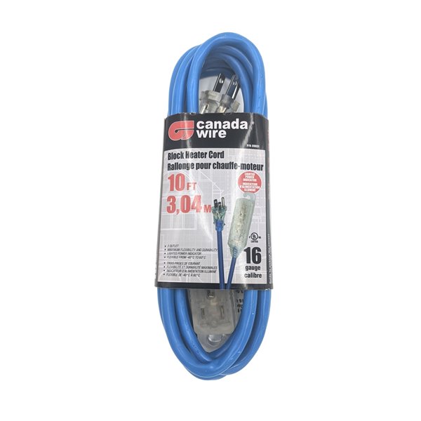 Outdoor Block Heater Lighted Extension Cord 10FT Blue 16/3