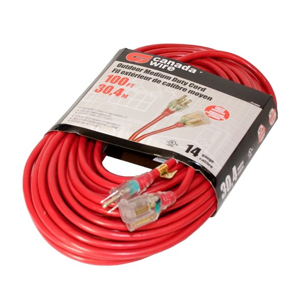 Outdoor Medium Duty Lighted Extension Cord 100FT Red 14/3