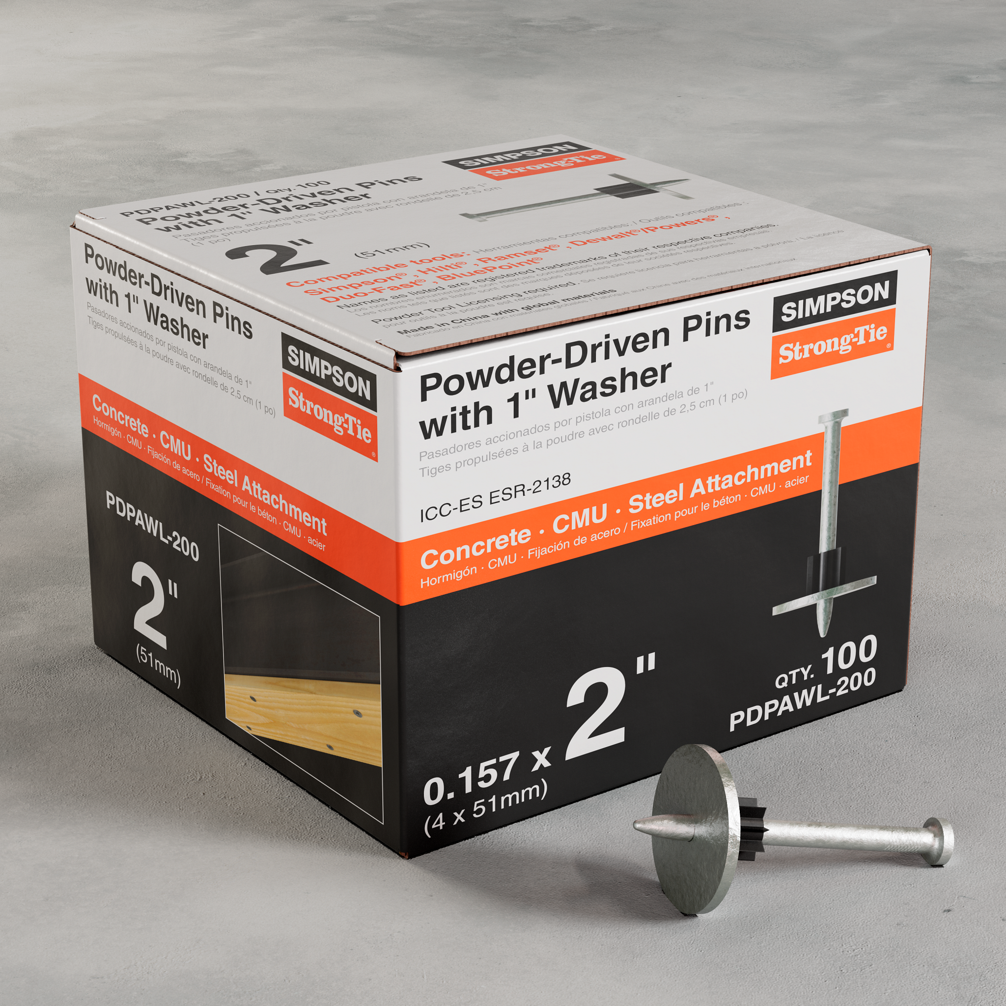 .157"x 2" PDPAWL Powder-Actuated Pin w/ 1" Washer (100/BX)