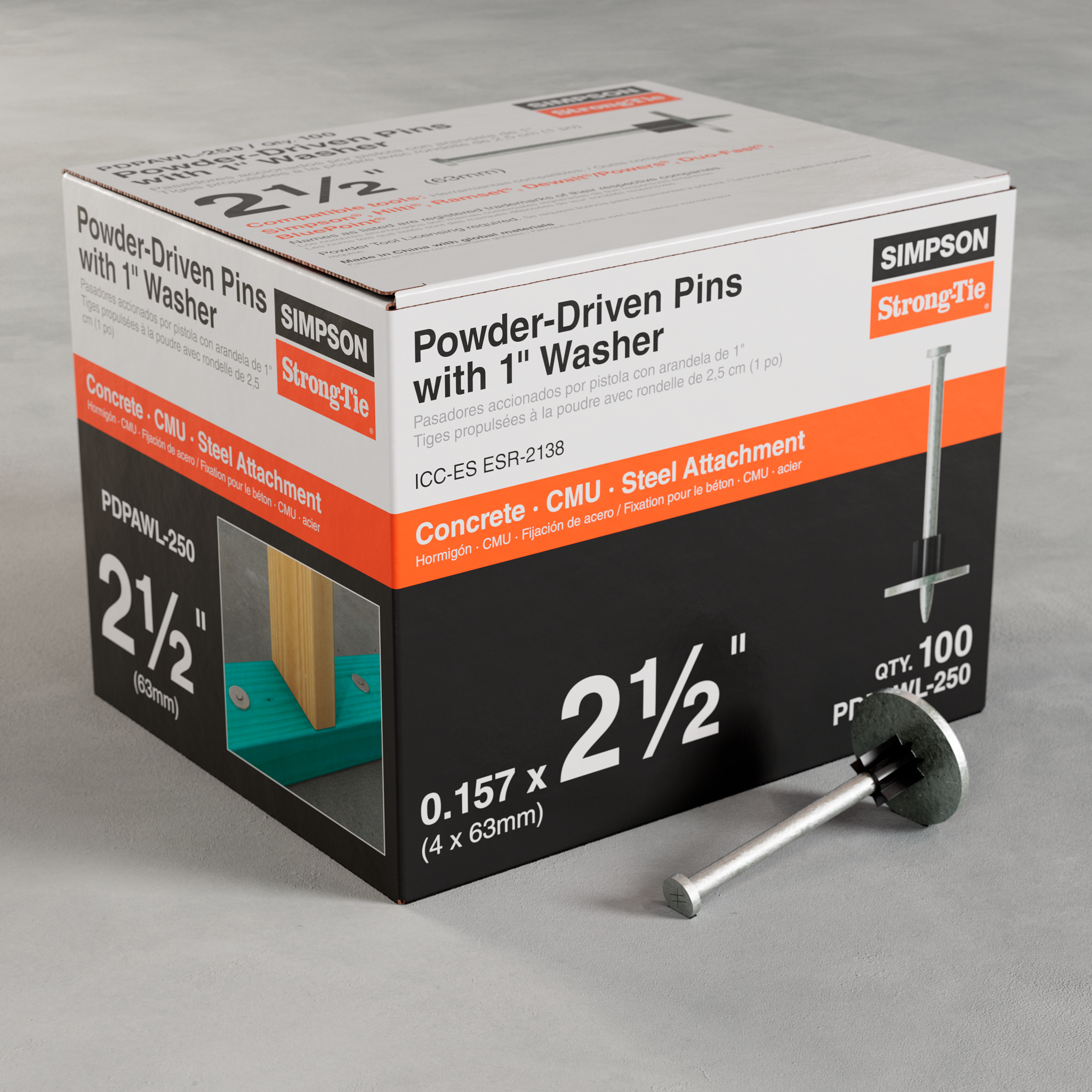 .157"x2-1/2" PDPAWL Powder-Actuated Pin w/ 1" Washer (100/BX)
