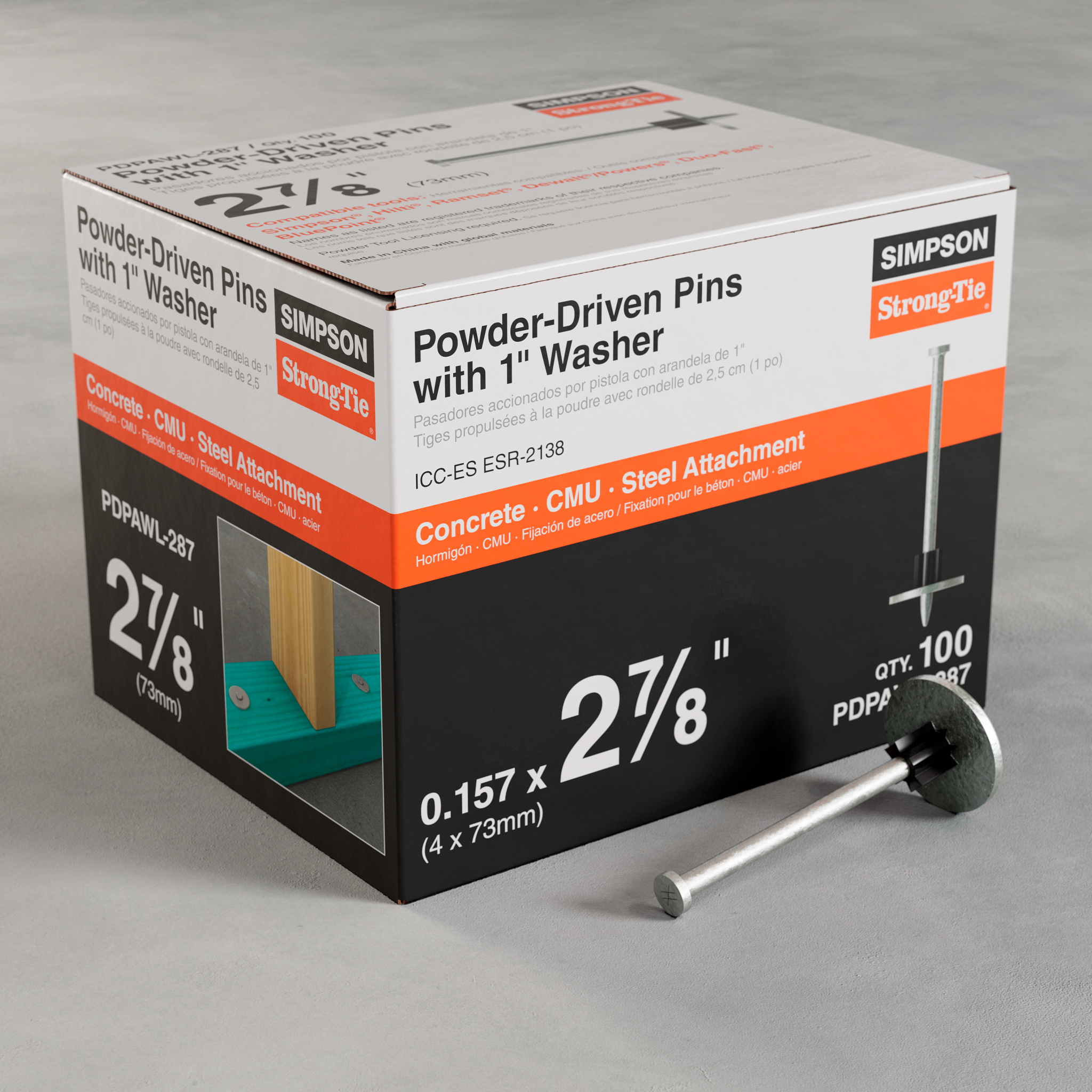 .157"x2-7/8" PDPAWL Powder-Actuated Pin w/ 1" Washer (100/BX)