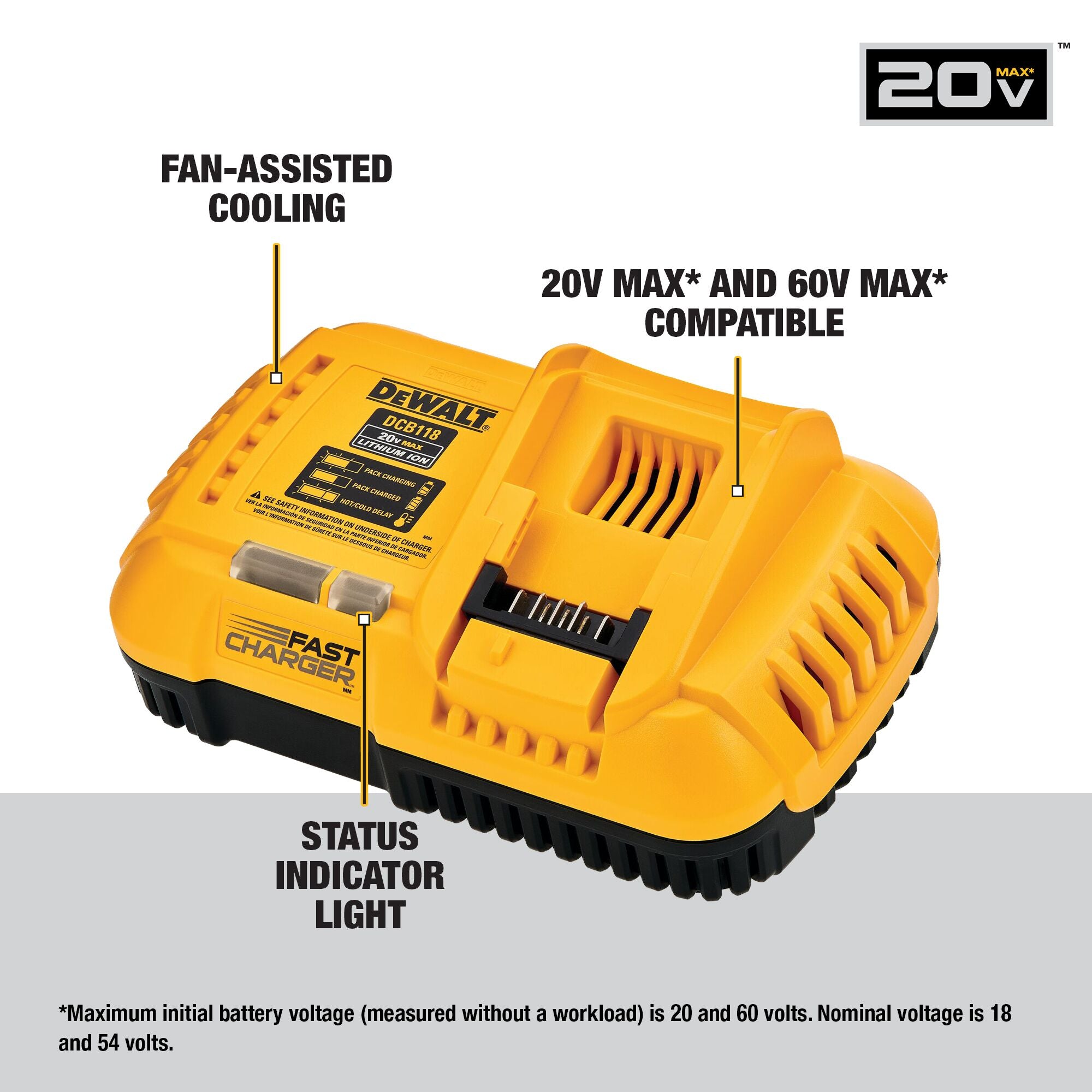 Labeled features of the DEWALT DCB118 charger, highlighting fan-assisted cooling, compatibility with 20V MAX* and 60V MAX* batteries, and the status indicator light. Includes note on voltage measurement.