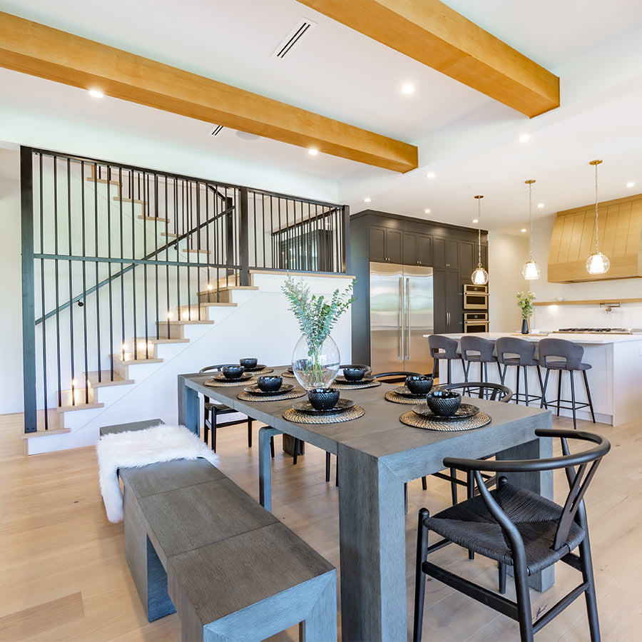 Faux beams in a dining room