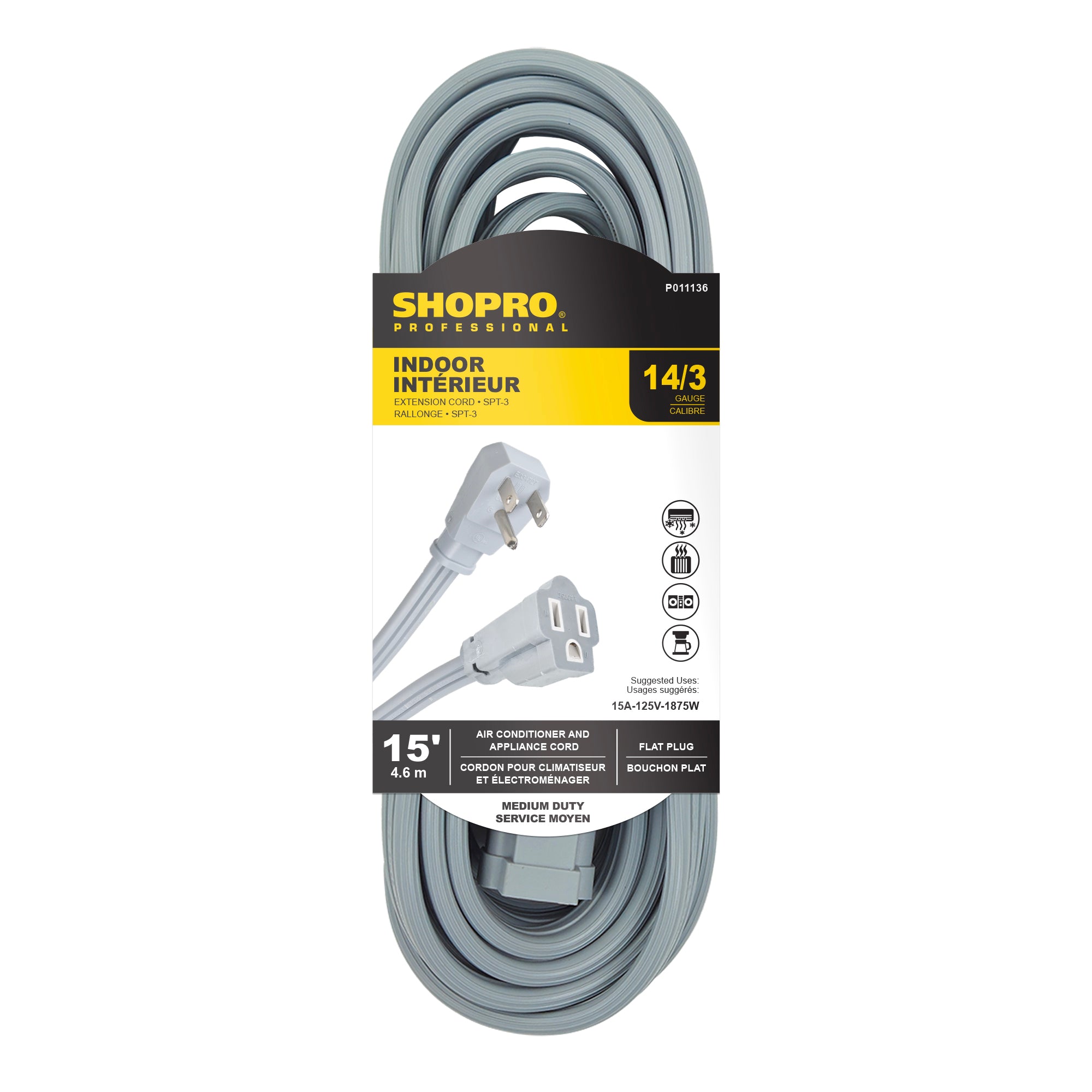 14/3 SPT-3 1-Outlet 15' Air Conditioner/Appliance Extension Cord, Grey