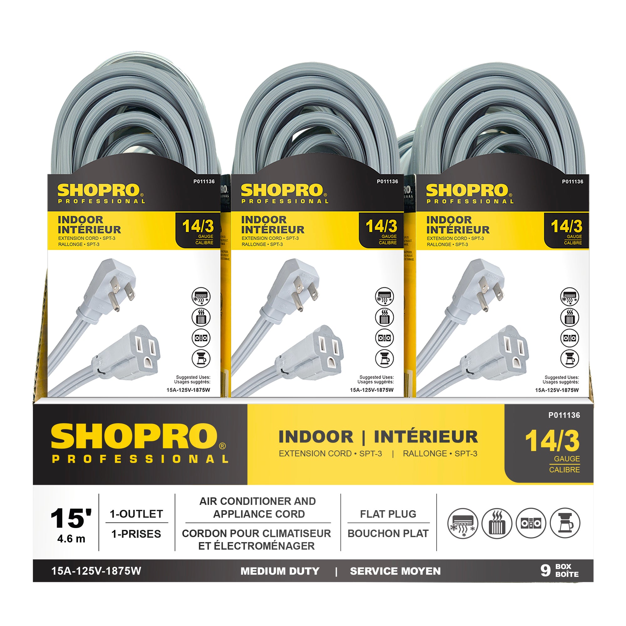 14/3 SPT-3 1-Outlet 15' Air Conditioner/Appliance Extension Cord, Grey