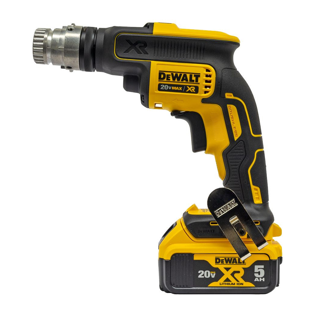 DeWalt cordless drill with battery on a white background