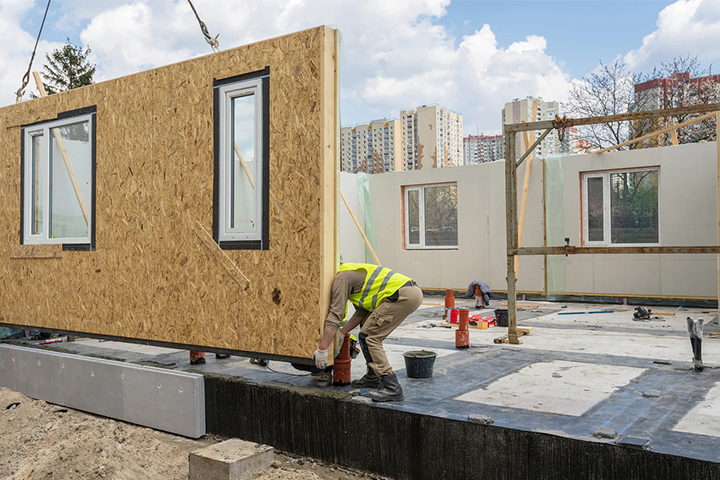 Pre-assembled wall panels from Turkstra Lumber being installed for construction of a new building