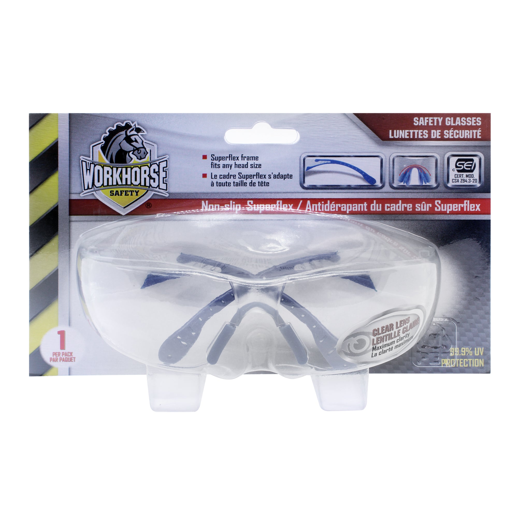 WORKHORSE® Superflex Safety Glasses with non-slip grip nose piece and arms, Clear