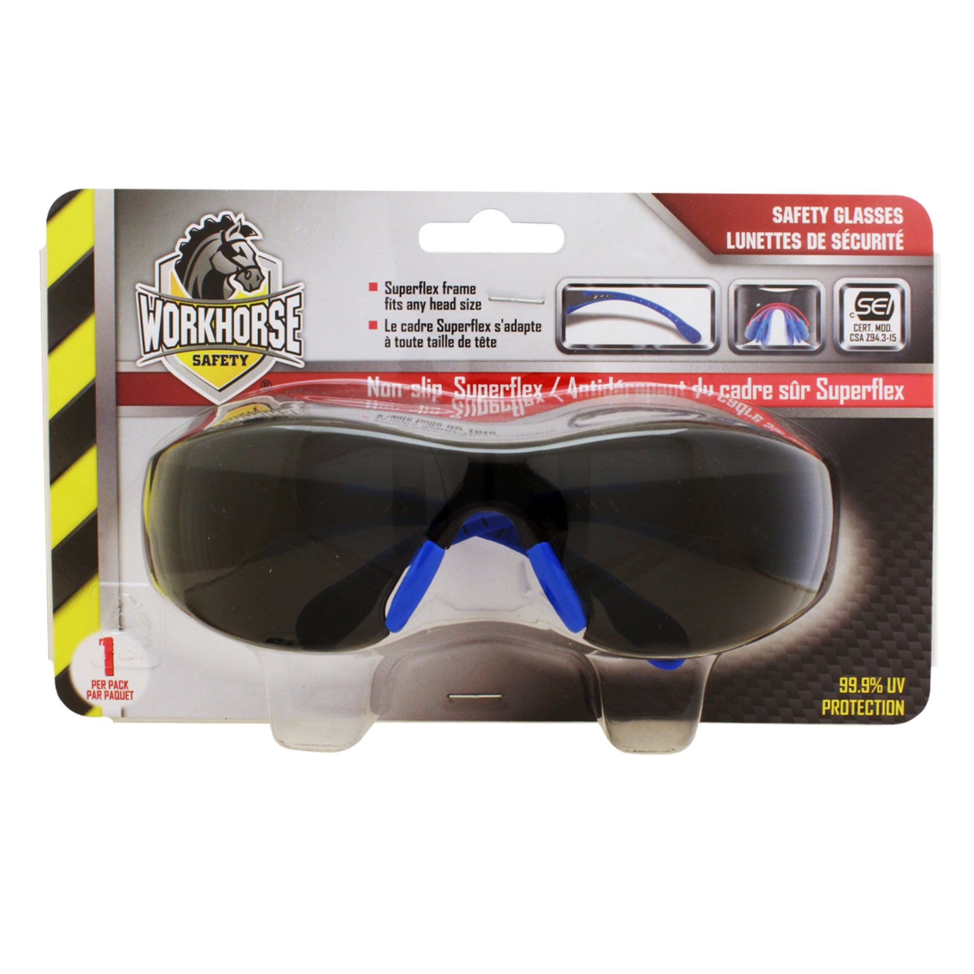 WORKHORSE® Superflex Safety Glasses with non-slip grip nose piece and arms, Smoke