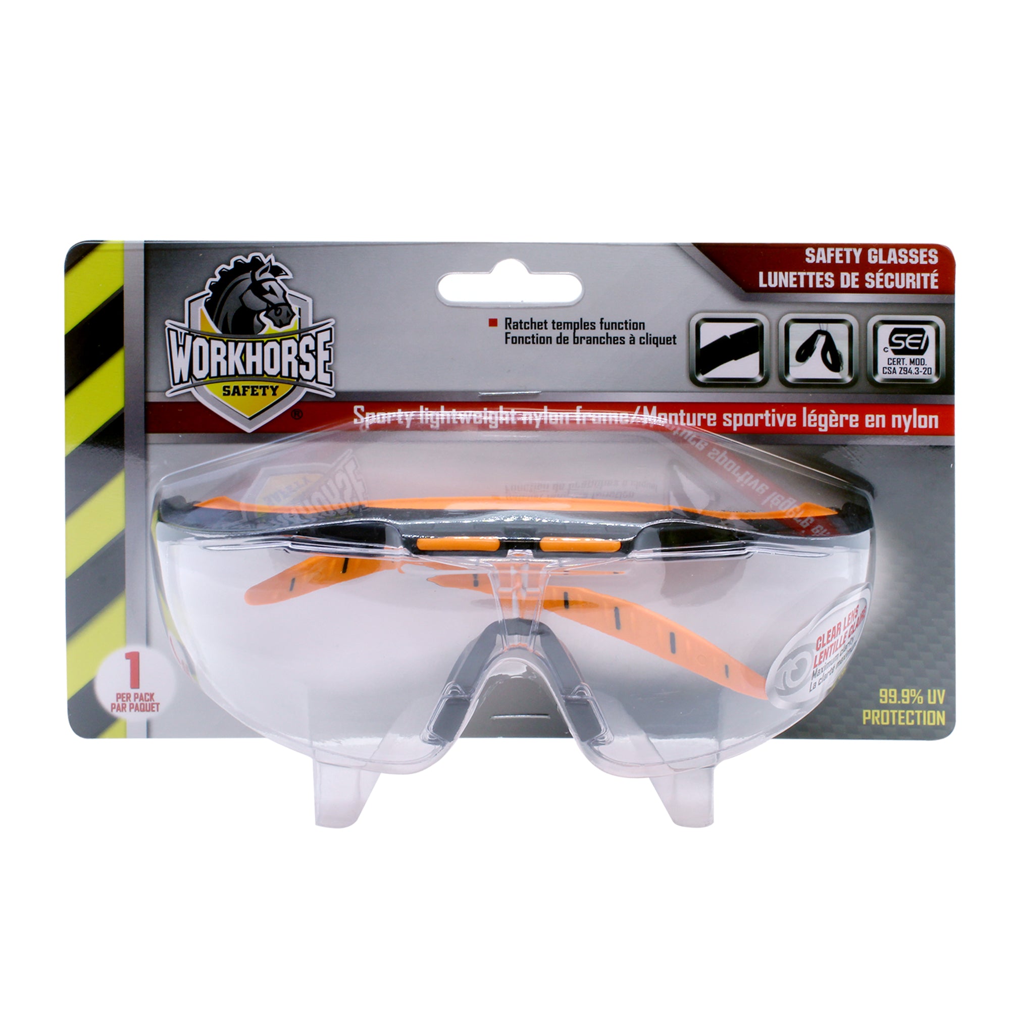 WORKHORSE® Safety Glasses with Built In Brow Guard and Ratchet Adjustable Temples for Perfect Fit, Clear