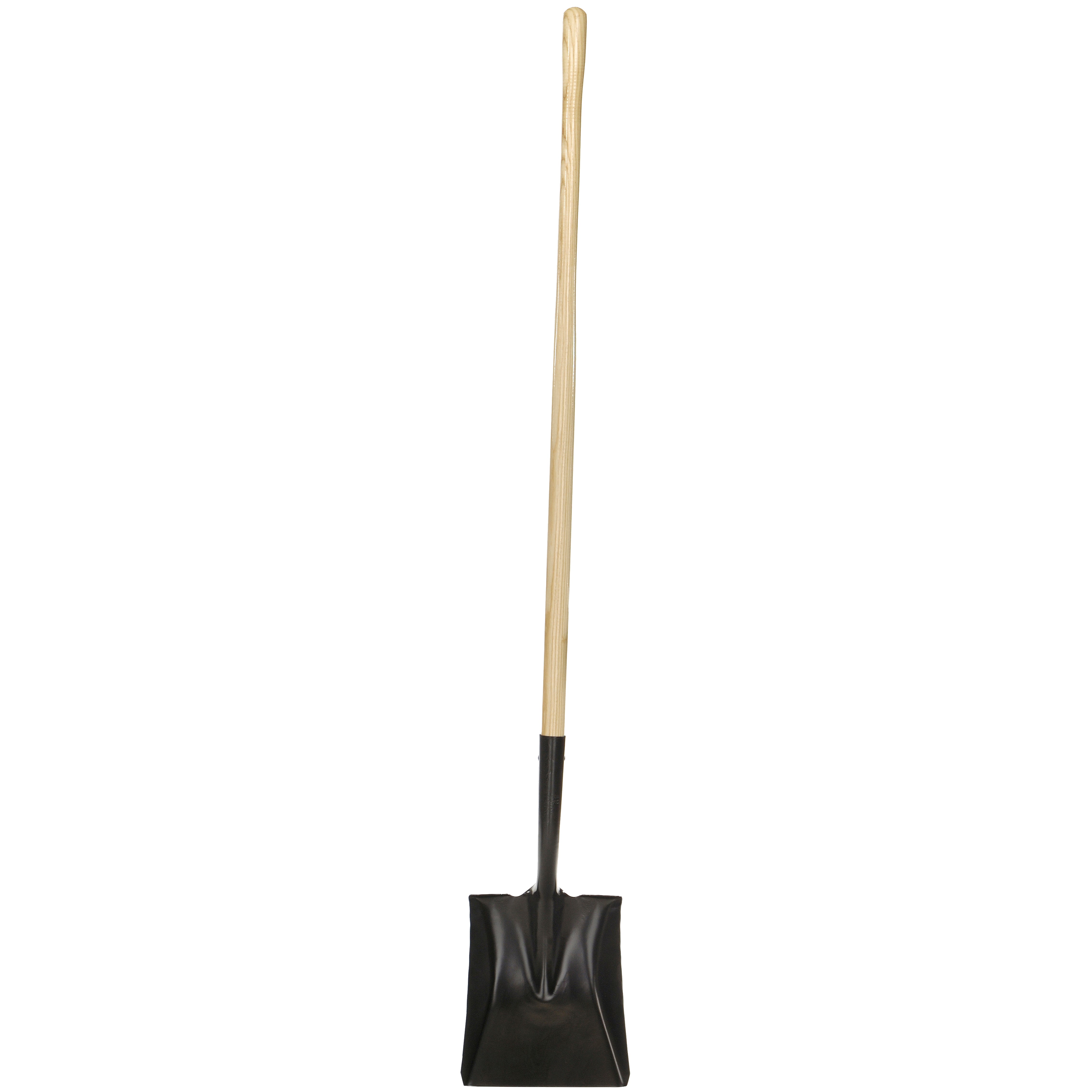 Square point shovel, long wood handle