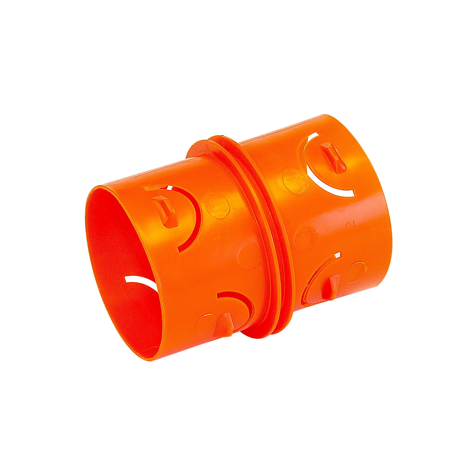 Orange plastic tube with circular cutouts on a white background