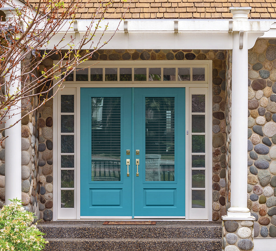 Blue glass insert exterior doors