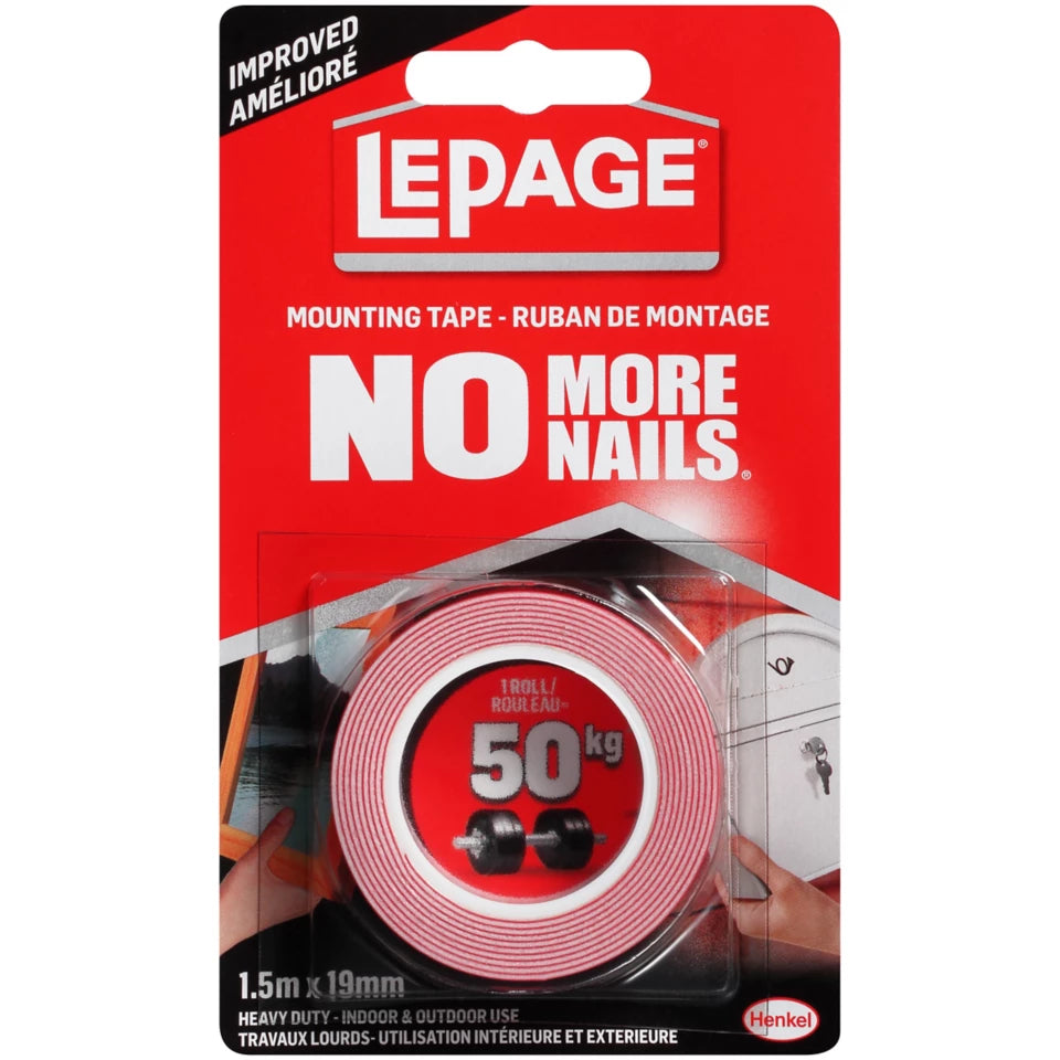LePage No More Nails Heavy Duty Mounting Tape, Clear, 1.5 m Roll, 1.5 m x 19 mm