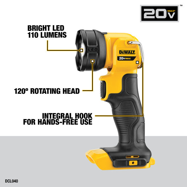 Yellow and black Dewalt flashlight with features highlighted on a white background