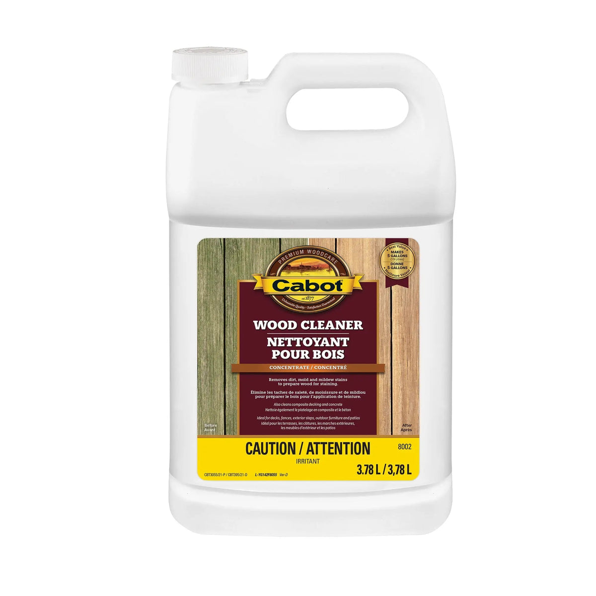 A 3.78L white plastic container of Cabot Wood Cleaner with a handle and yellow-brown label, showing text in English and French, for cleaning exterior wood surfaces.