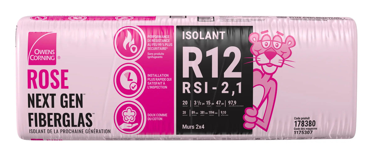 A package of Owens Corning Rose Next Gen Fiberglass insulation, R12, RSI 2.1, for 2x4 walls. The packaging is pink with icons and the Pink Panther cartoon character on the right.