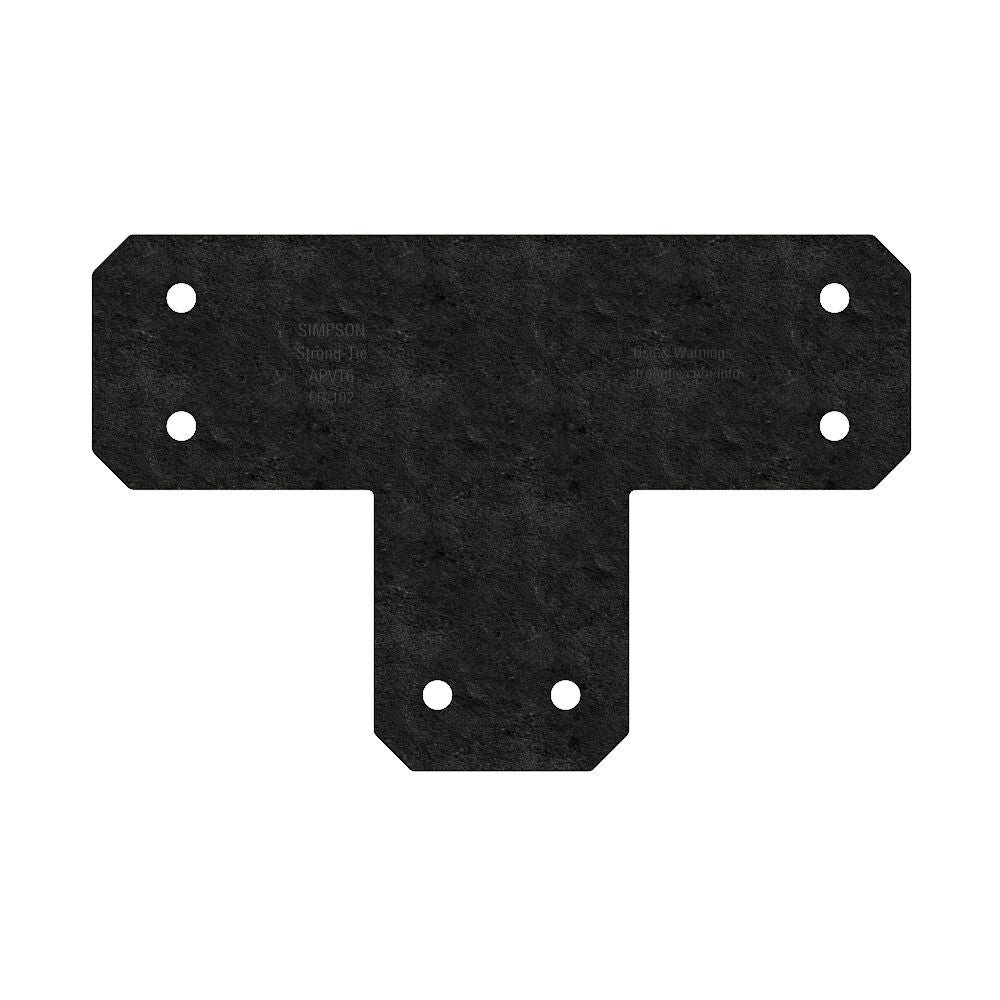 Black, T-shaped metal connector plate with five round holes, three along the top horizontal section and two on the vertical section, used for construction or framing purposes.