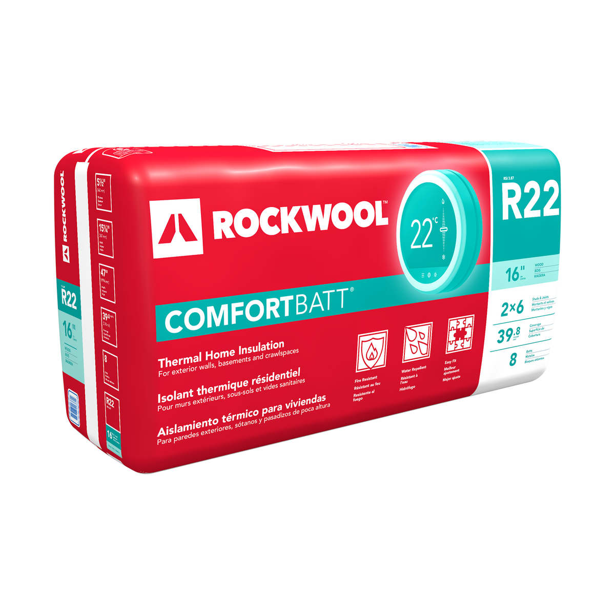 A package of ROCKWOOL COMFORTBATT R22 thermal home insulation, showing product details in English, French, and Spanish, with icons indicating its features and measurements.